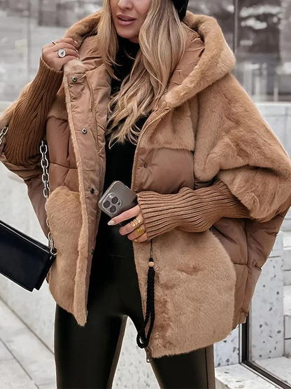 Women's Quilted Fleece Jacket With Hood - 
Fashinoza