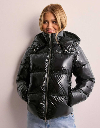 Women's Puffer Jacket Hooded Zip Closure Ribbed Cuffs - 
Fashinoza