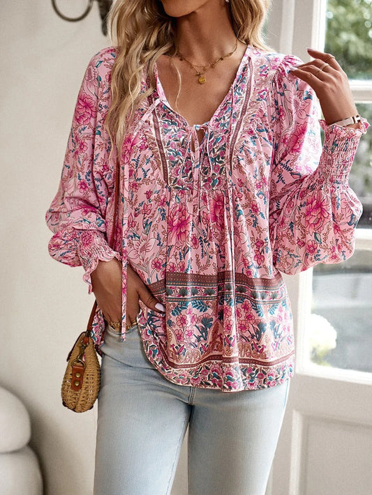 Women's Floral V-Neck Blouse - 
Fashinoza