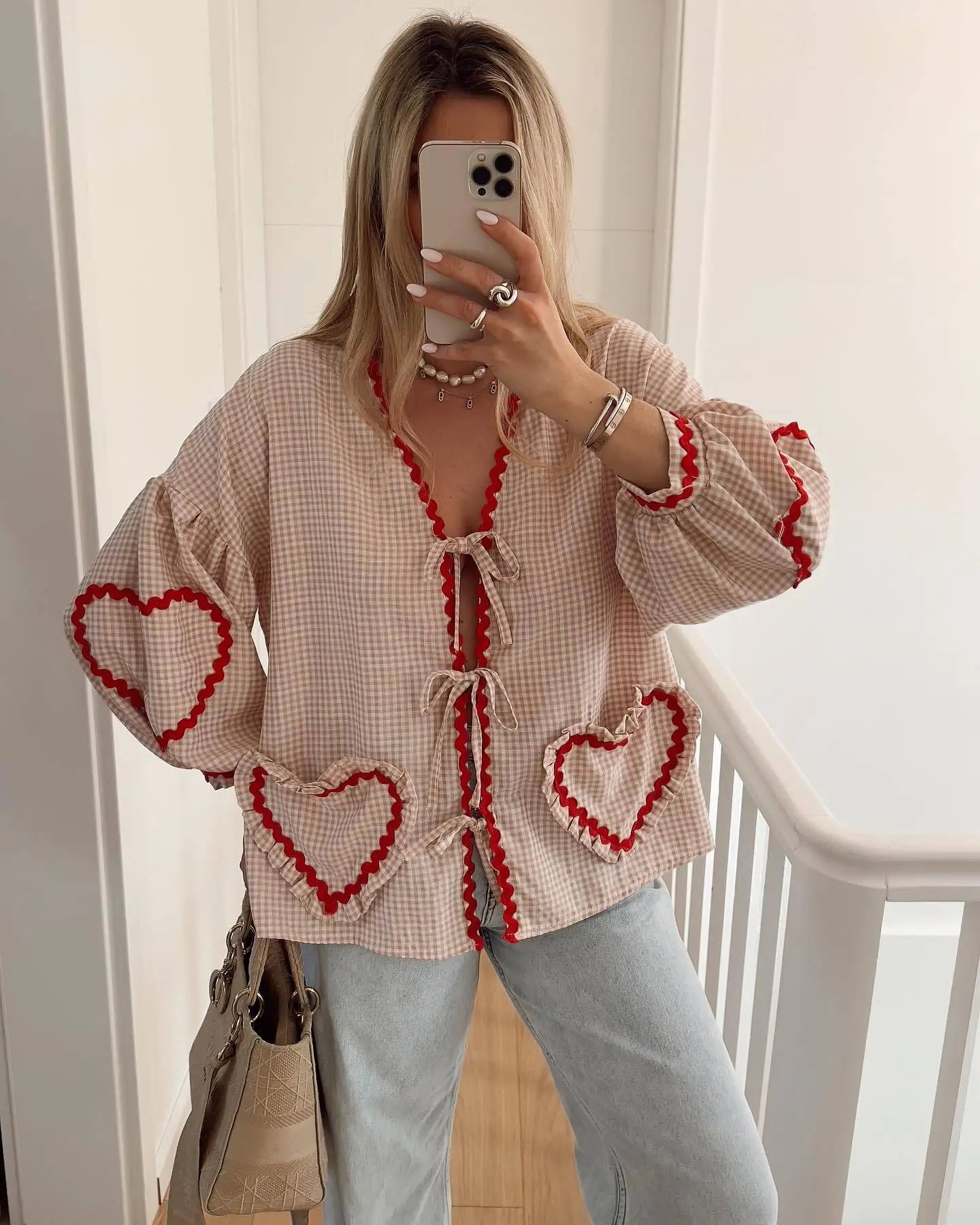 Women's Check Shirt Cotton Heart Appliques Bow Front - 
Fashinoza