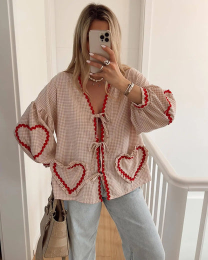 Women's Check Shirt Cotton Heart Appliques Bow Front - 
Fashinoza