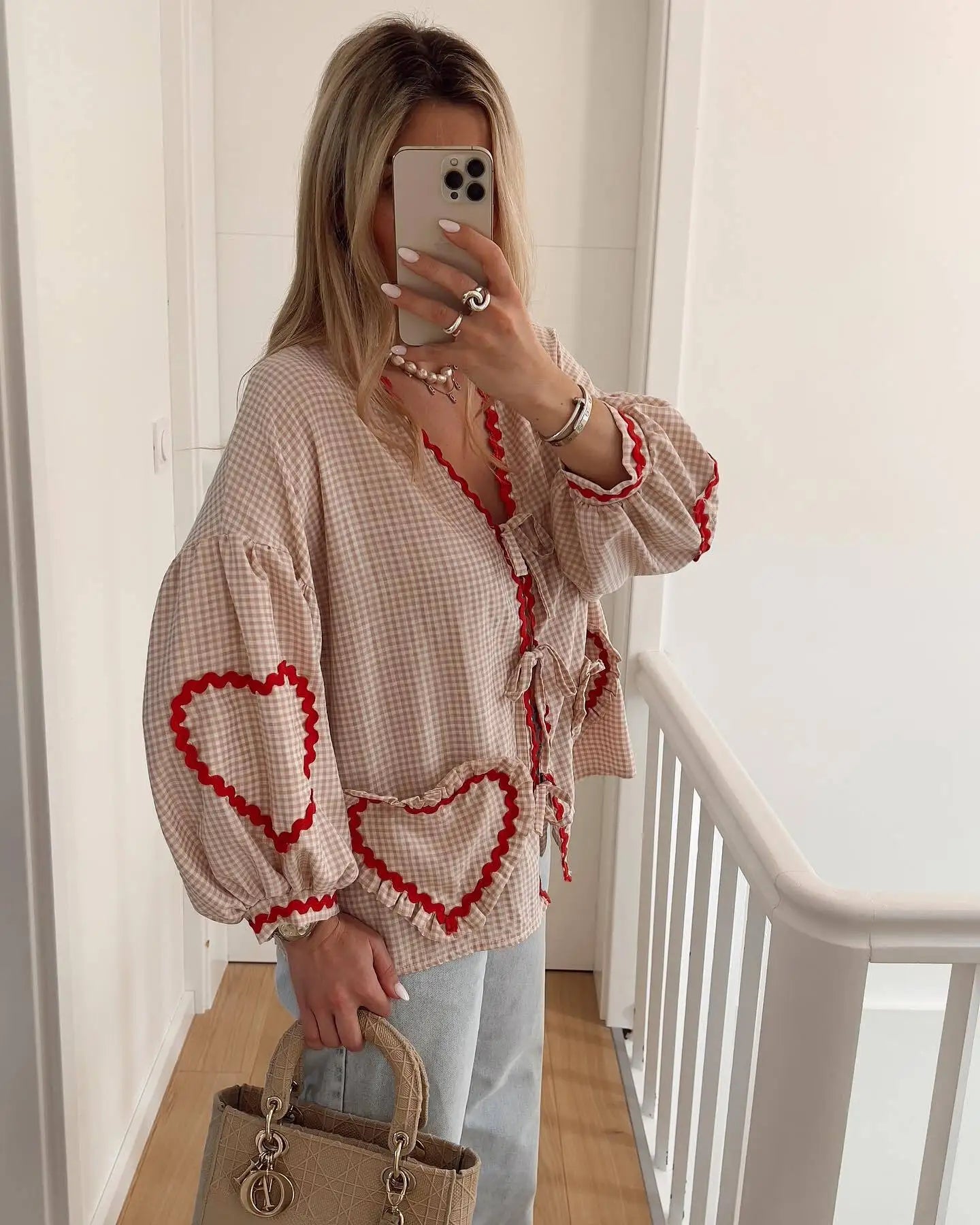 Women's Check Shirt Cotton Heart Appliques Bow Front