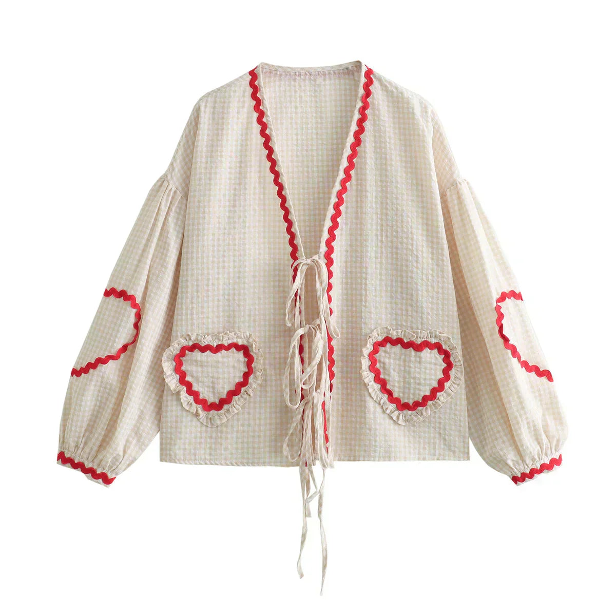 Women's Check Shirt Cotton Heart Appliques Bow Front