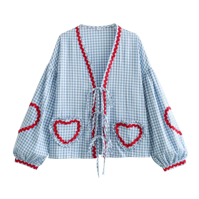 Women's Check Shirt Cotton Heart Appliques Bow Front