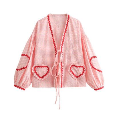 Women's Check Shirt Cotton Heart Appliques Bow Front