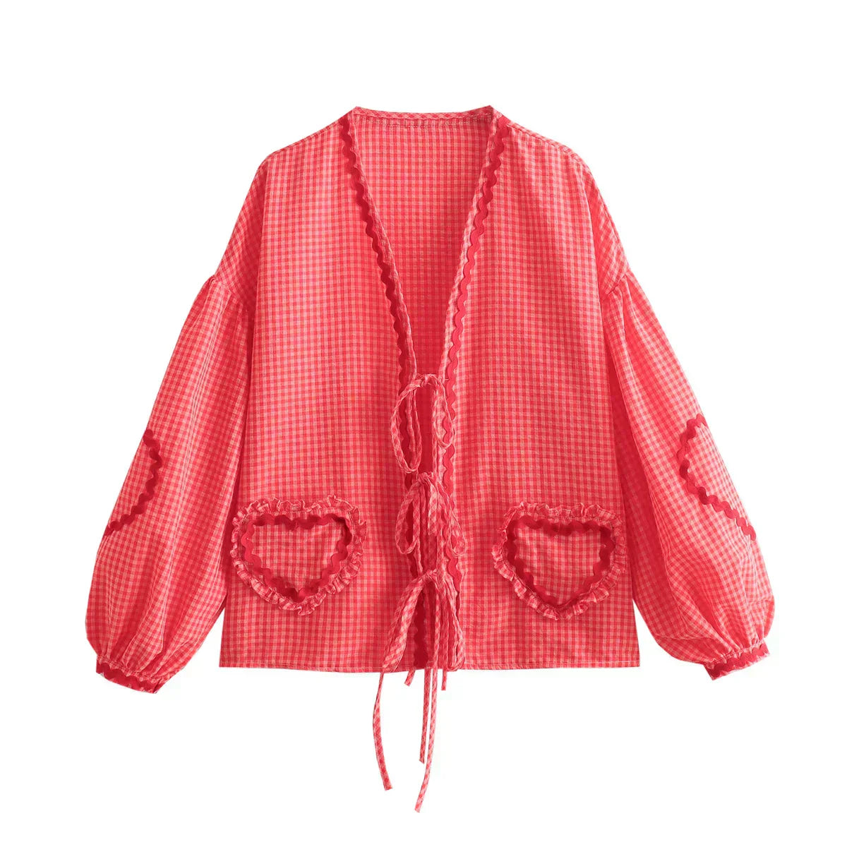 Women's Check Shirt Cotton Heart Appliques Bow Front