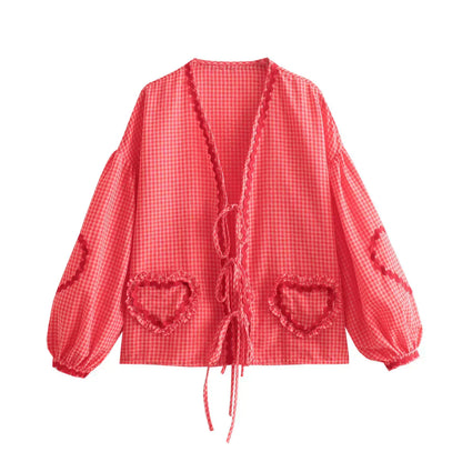Women's Check Shirt Cotton Heart Appliques Bow Front