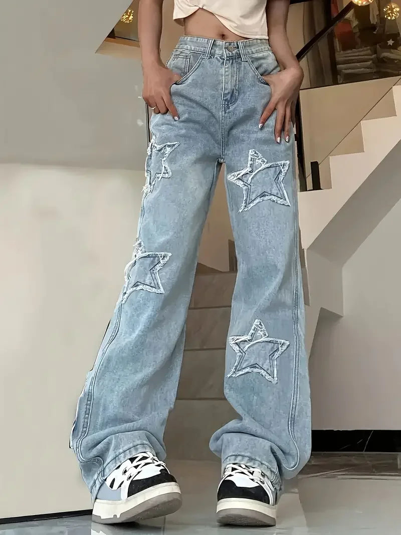 Women's High Waisted Star Applique Pants - 
Fashinoza