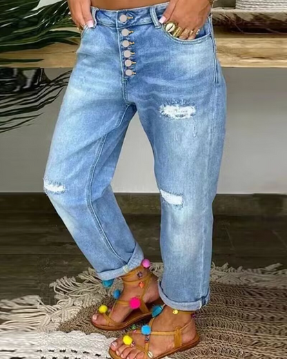 Women's Cuffed Pants Cotton Button Fly Beige - 
Fashinoza