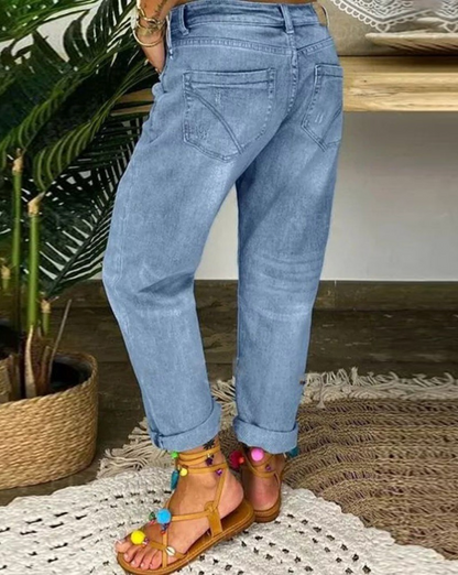 Women's Cuffed Pants Cotton Button Fly Beige