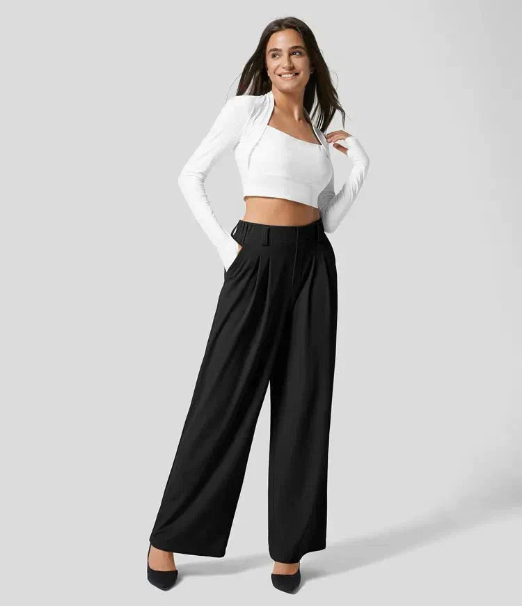 Women's Wide Leg Pleated Trousers - 
Fashinoza