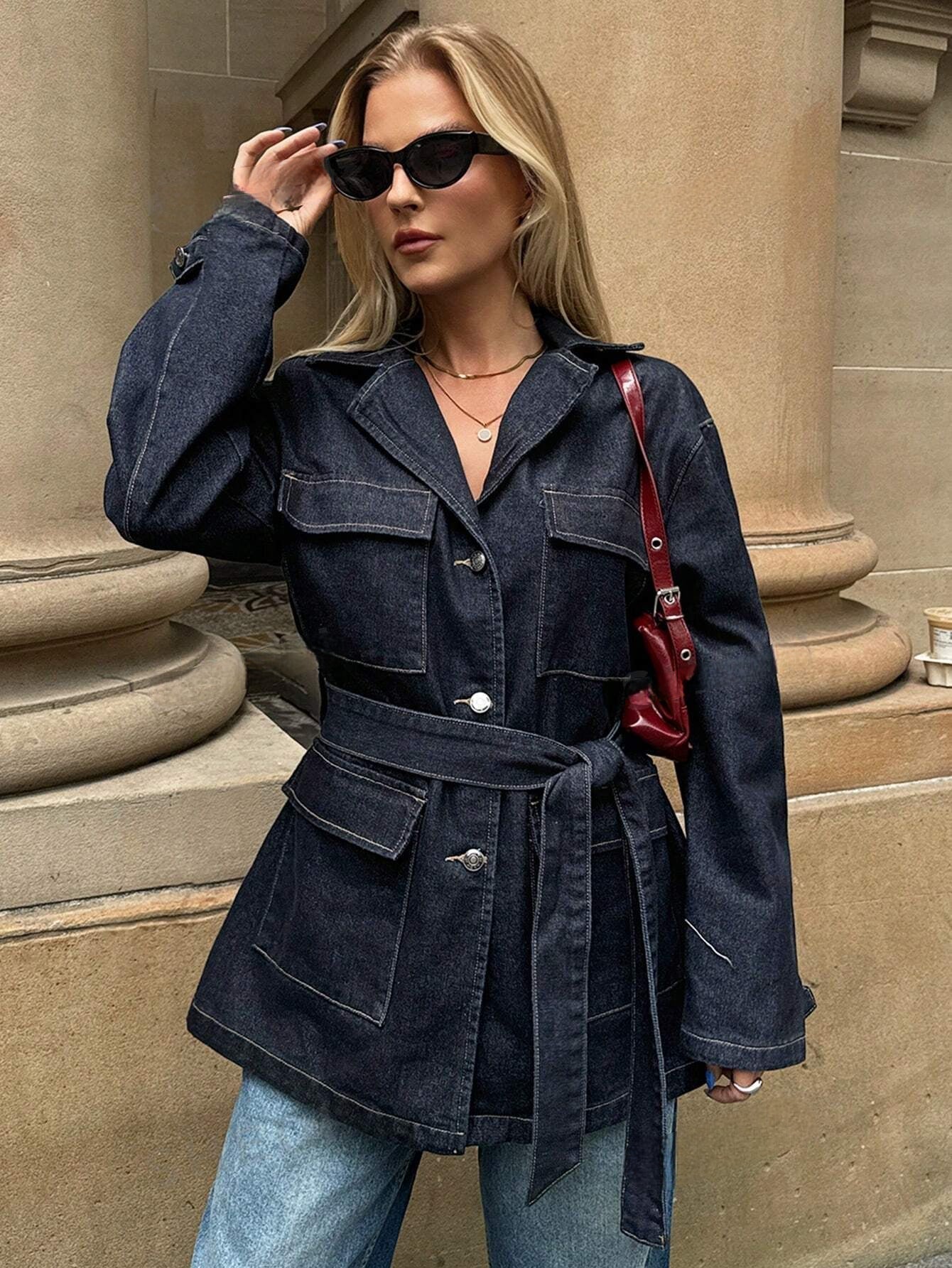 Women's Denim Jacket Belted Chest Pockets - 
Fashinoza