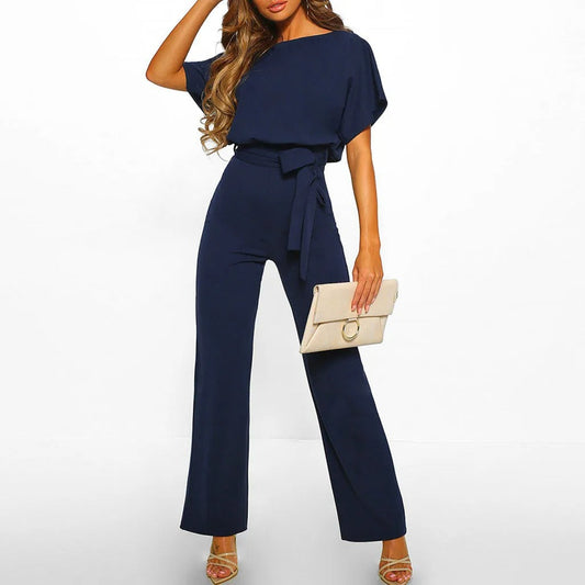 Women's Gathered Sleeve Jumpsuit with Tie Belt - 
Fashinoza