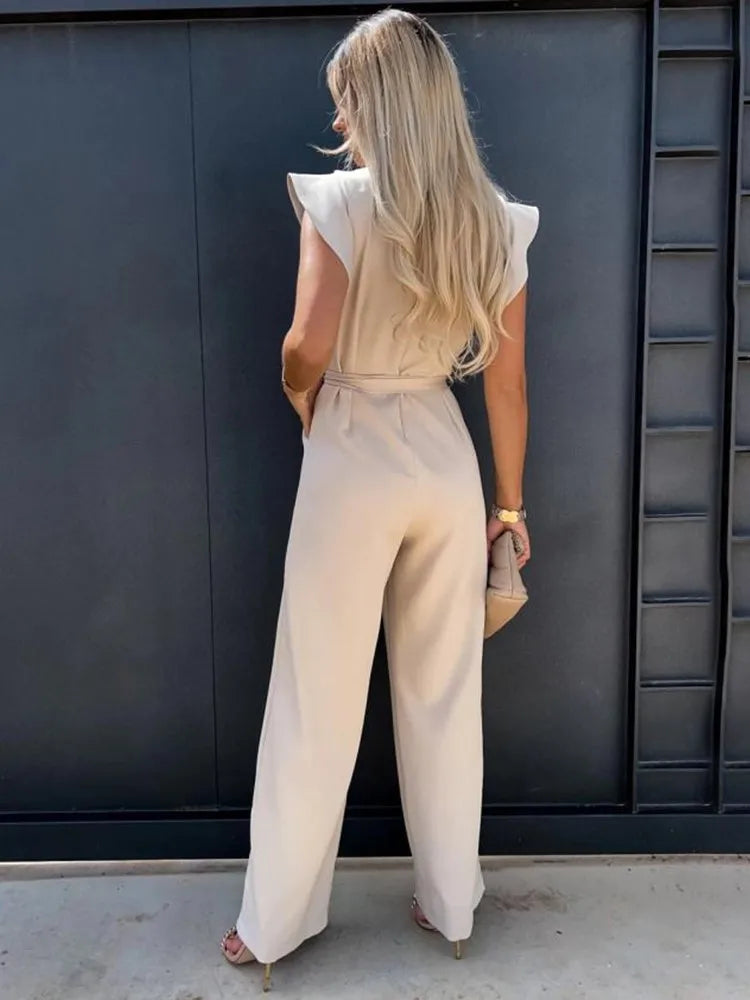 Women's Ruffle Sleeve Jumpsuit with Tie Belt
