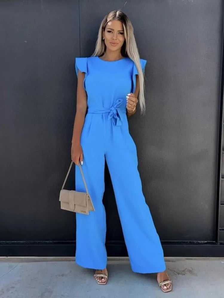 Women's Ruffle Sleeve Jumpsuit with Tie Belt