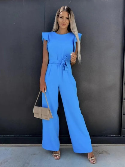 Women's Ruffle Sleeve Jumpsuit with Tie Belt