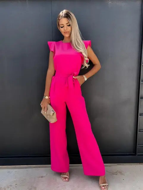 Women's Ruffle Sleeve Jumpsuit with Tie Belt