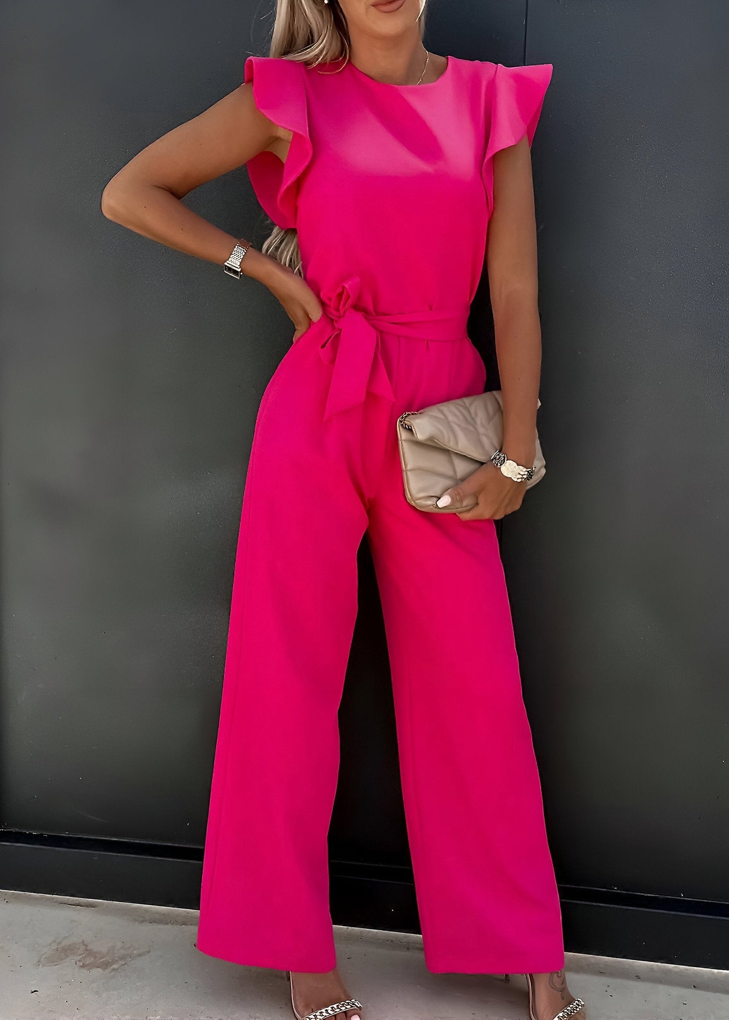 Women's Ruffle Sleeve Jumpsuit with Tie Belt