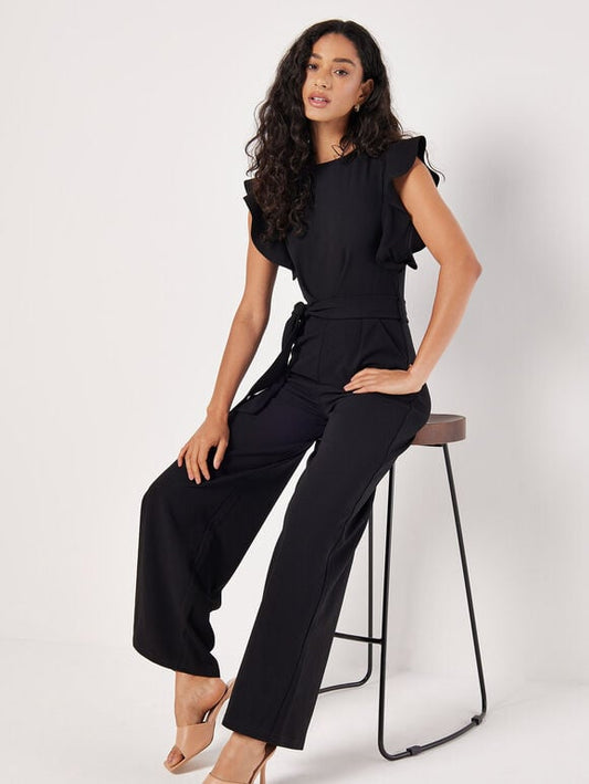 Women's Ruffle Sleeve Jumpsuit with Tie Belt - 
Fashinoza