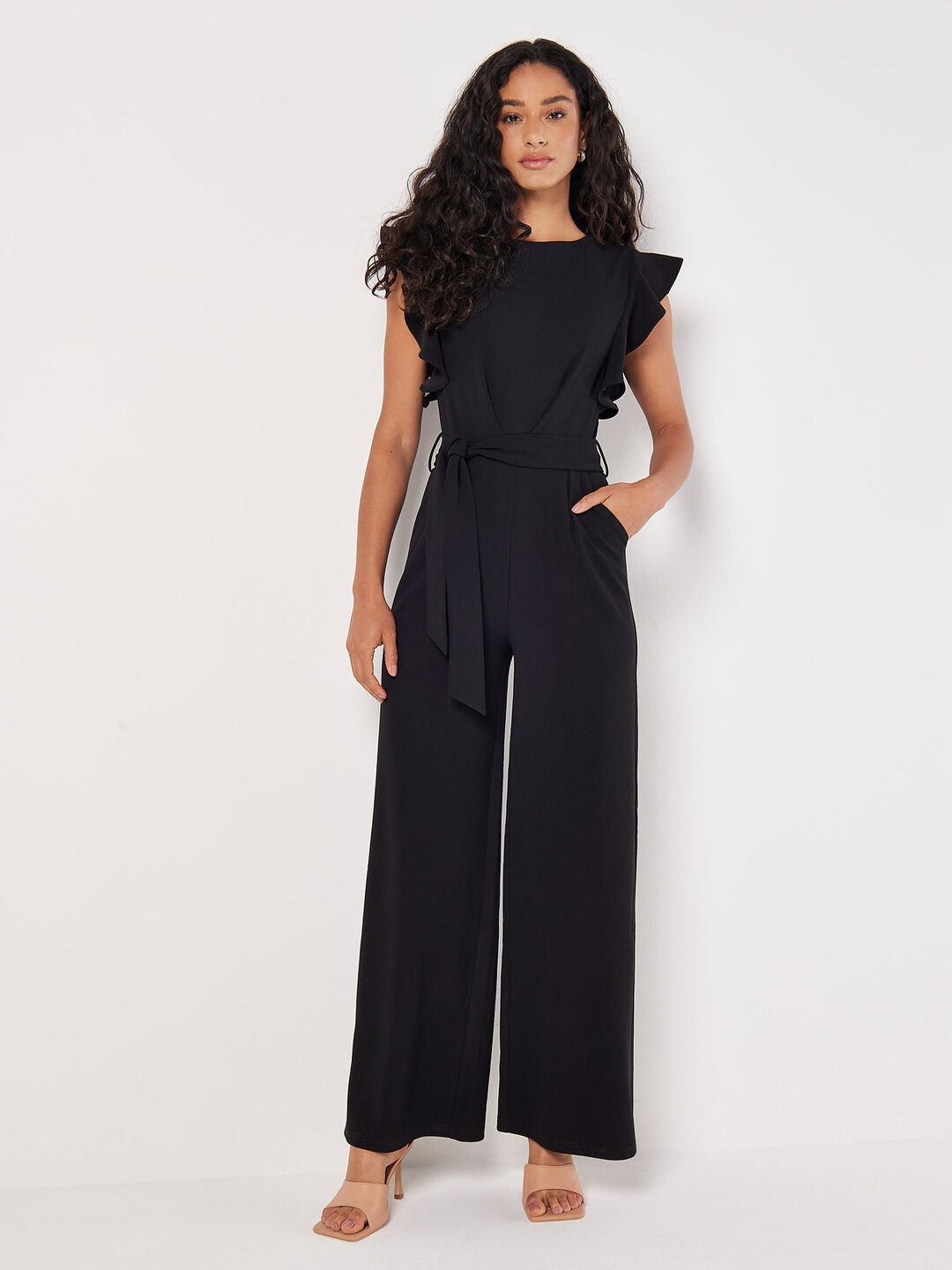 Women's Ruffle Sleeve Jumpsuit with Tie Belt