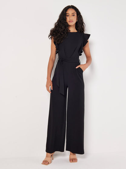 Women's Ruffle Sleeve Jumpsuit with Tie Belt