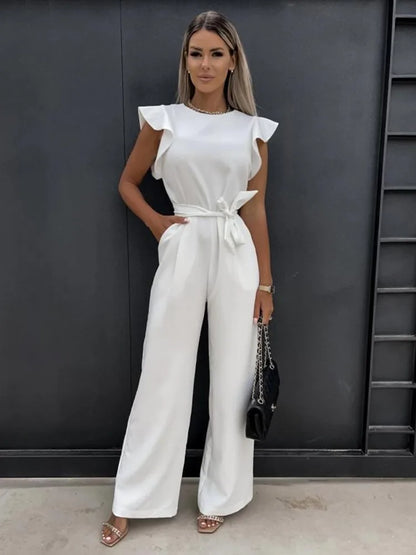 Women's Ruffle Sleeve Jumpsuit with Tie Belt