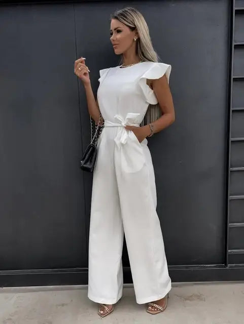 Women's Ruffle Sleeve Jumpsuit with Tie Belt