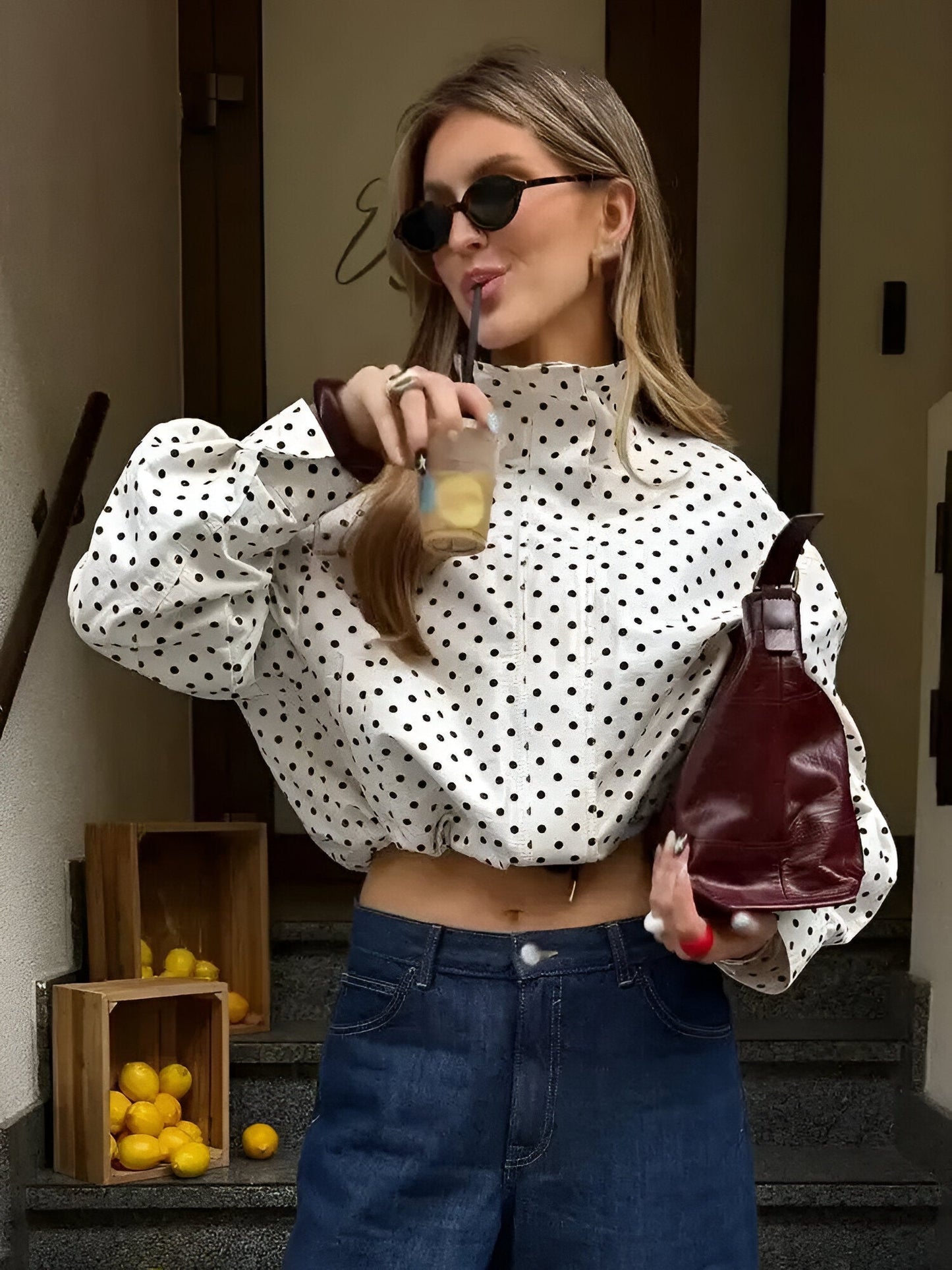 Women's Polka Dot Short Jacket Stand-Up Collar - 
Fashinoza