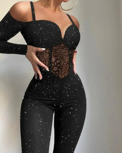 Women's Glitter Jumpsuit Cold Shoulder Heart Neckline - 
Fashinoza