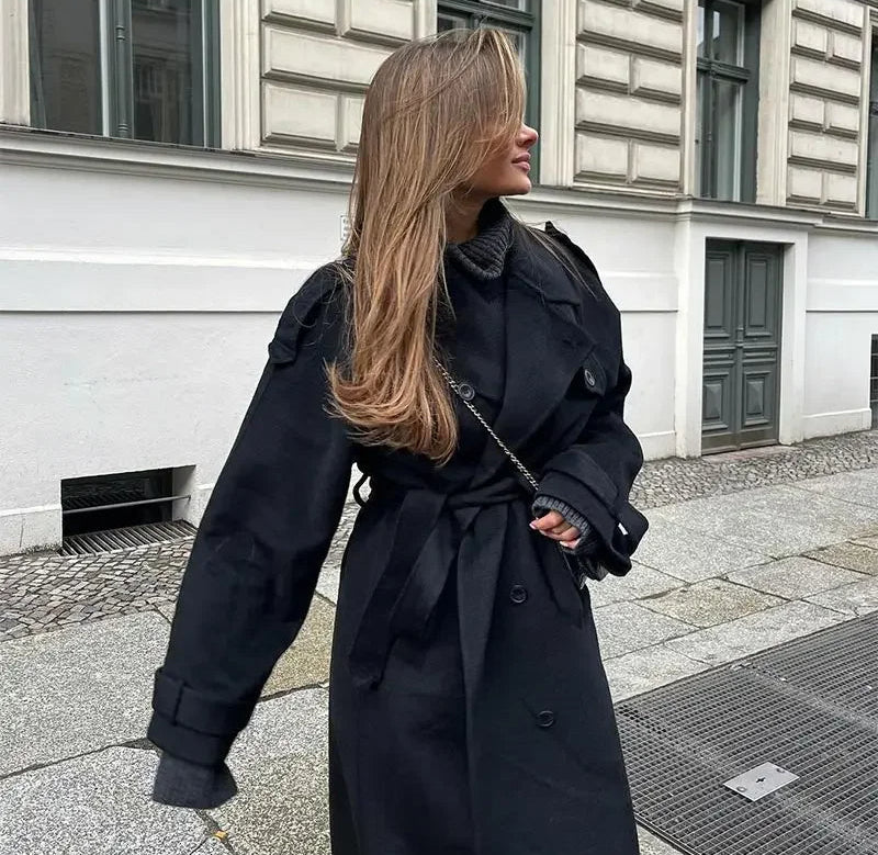 Women's Double Breasted Maxi Coat with Belt