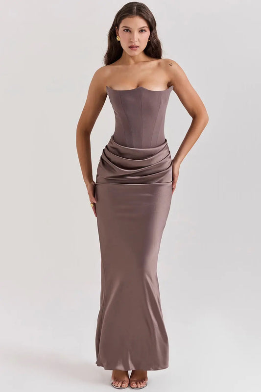 Women's Strapless Maxi Dress Gathered Waist - 
Fashinoza