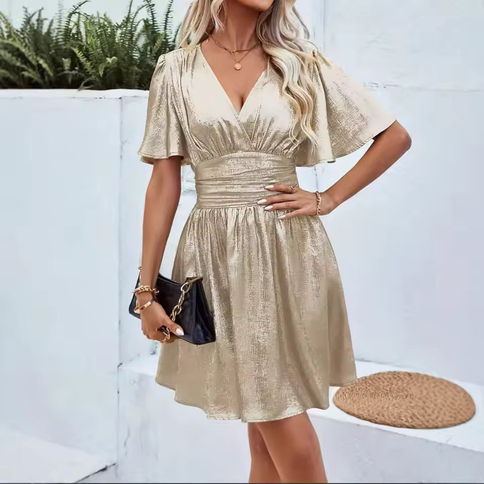 Women's V-Neck Mini Dress Flared Sleeves - 
Fashinoza