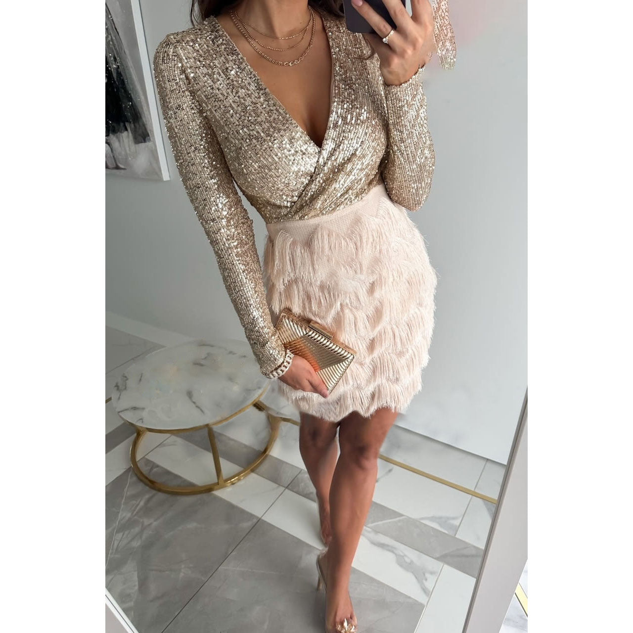 Women's V-Neck Mini Dress Fringe Skirt