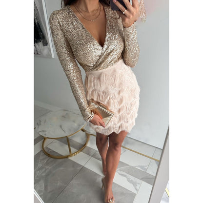 Women's V-Neck Mini Dress Fringe Skirt