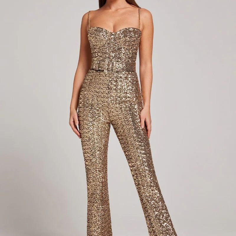 Women's Sequin Jumpsuit Heart Neckline Wide Leg