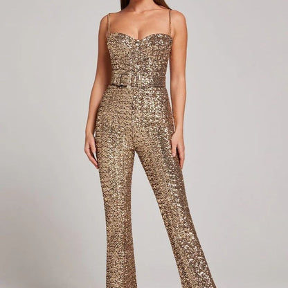 Women's Sequin Jumpsuit Heart Neckline Wide Leg