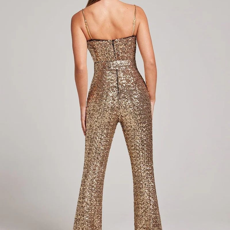 Women's Sequin Jumpsuit Heart Neckline Wide Leg
