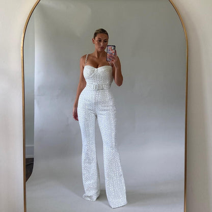 Women's Sequin Jumpsuit Heart Neckline Wide Leg