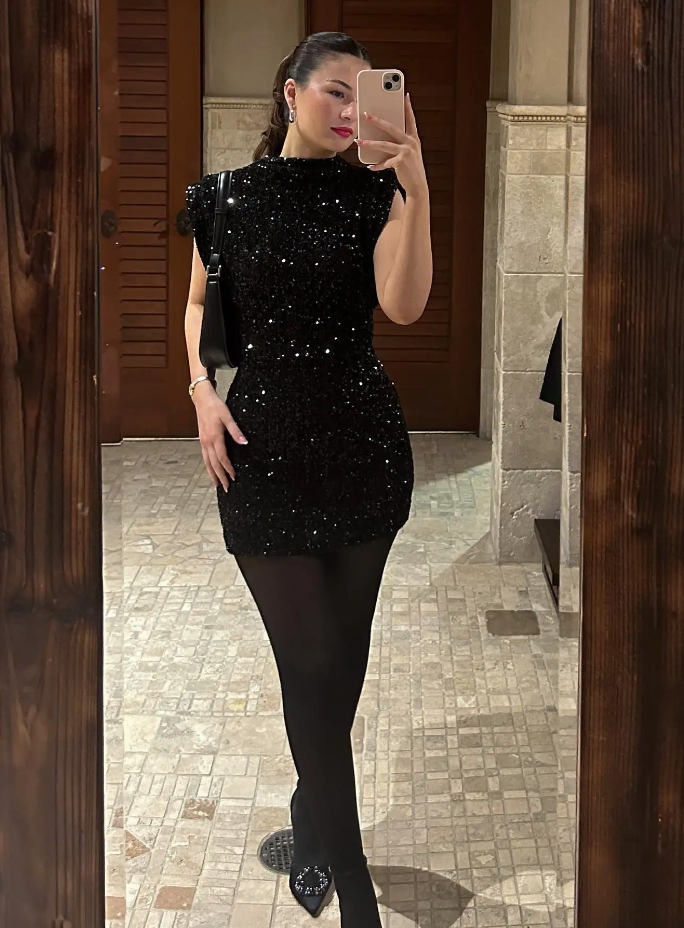 Women's Mini Sequin Dress With Stand Collar