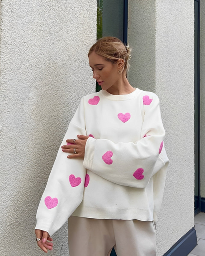 Women's Heart Appliqué Sweater Round Neckline