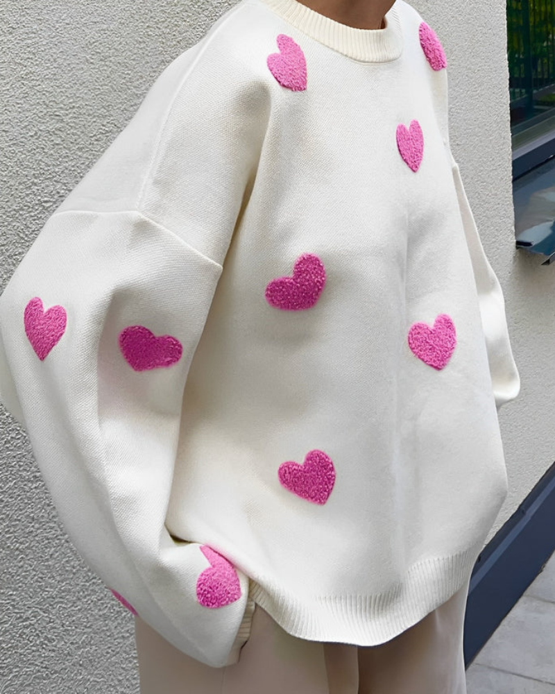 Women's Heart Appliqué Sweater Round Neckline