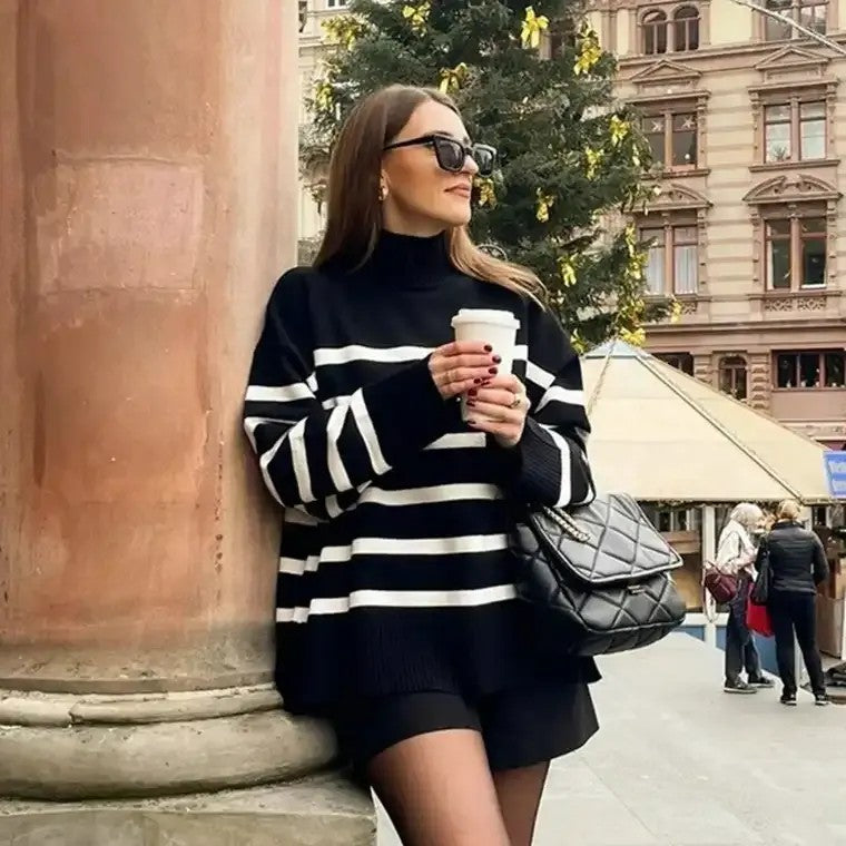 Women's Turtleneck Sweater Horizontal Stripes - 
Fashinoza