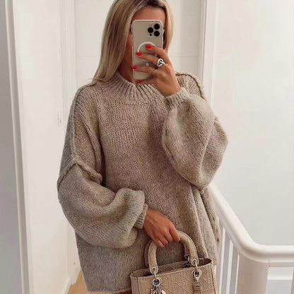 Women's Round Neck Balloon Sleeve Sweater - 
Fashinoza