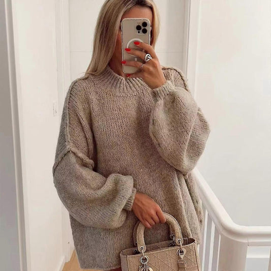 Women's Round Neck Balloon Sleeve Sweater - 
Fashinoza