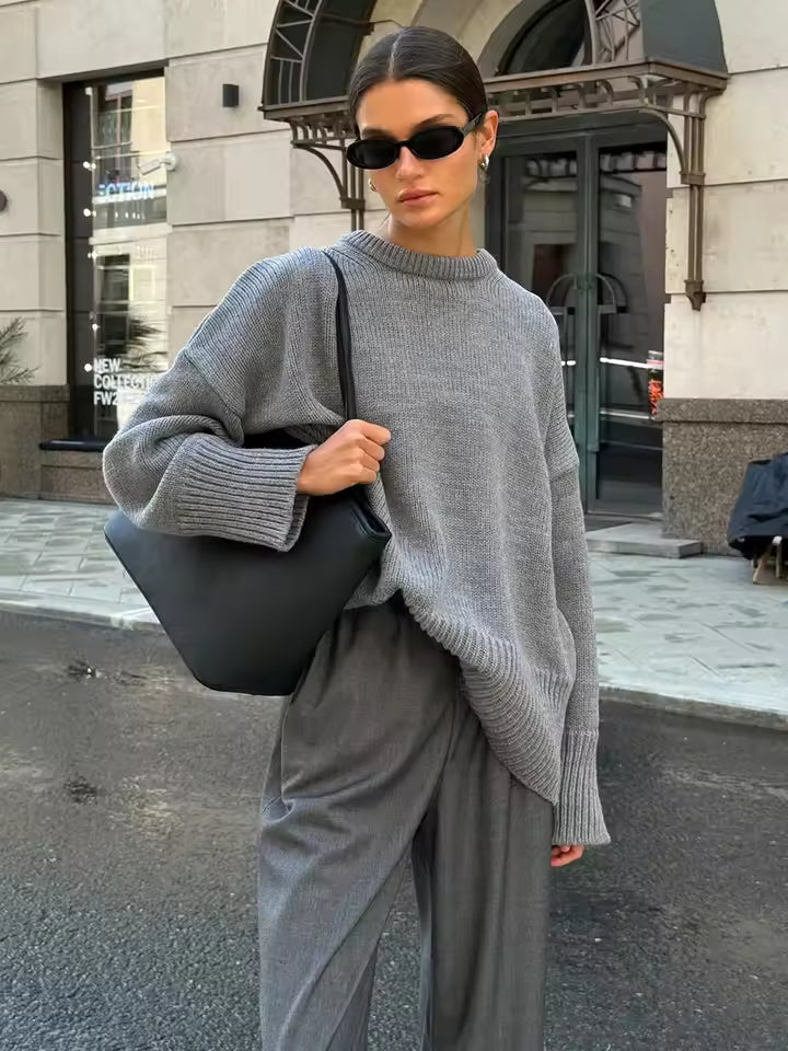 Women's Round Neck Sweater Elastic Cuffs - 
Fashinoza