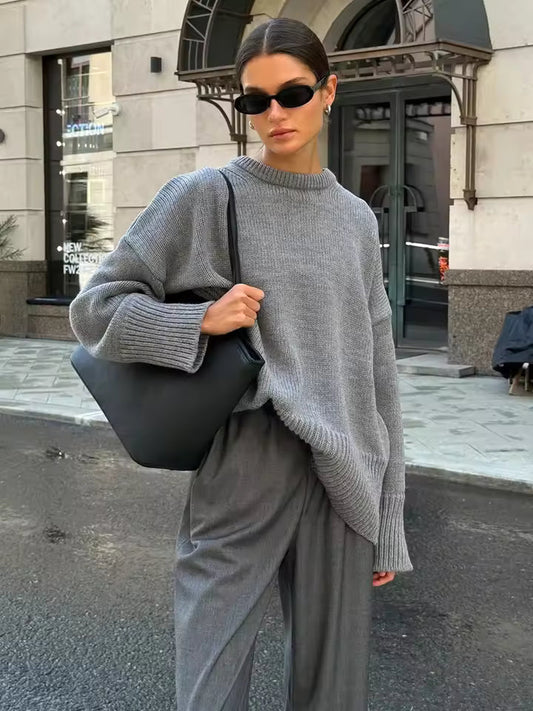 Women's Round Neck Sweater Elastic Cuffs - 
Fashinoza