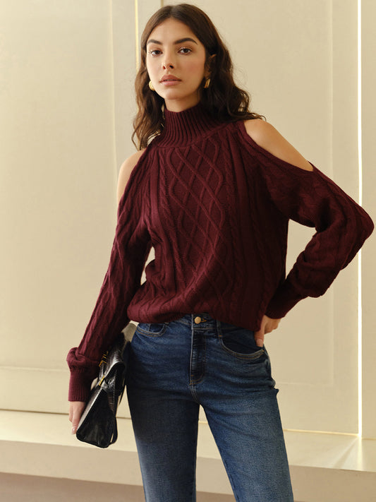 Women's Cable Knit Sweater Shoulder Cutouts - 
Fashinoza