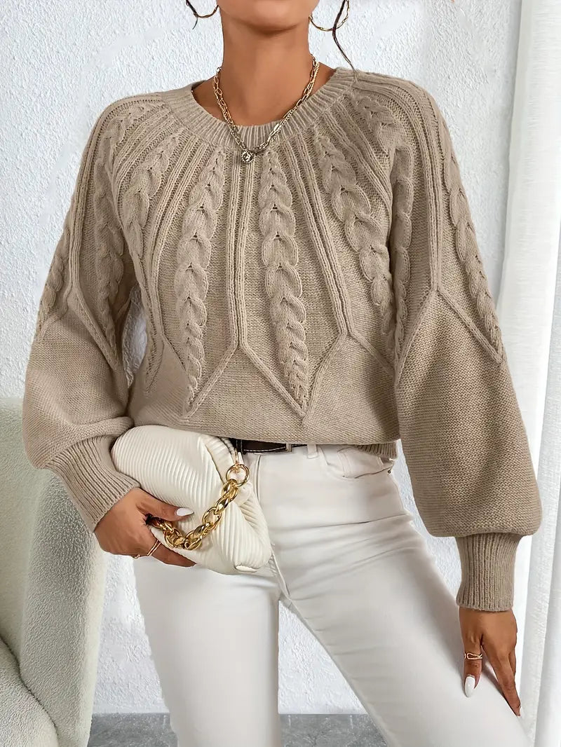 Women's Cable Knit Pullover Sweater Round Neck - 
Fashinoza
