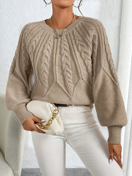 Women's Cable Knit Pullover Sweater Round Neck - 
Fashinoza