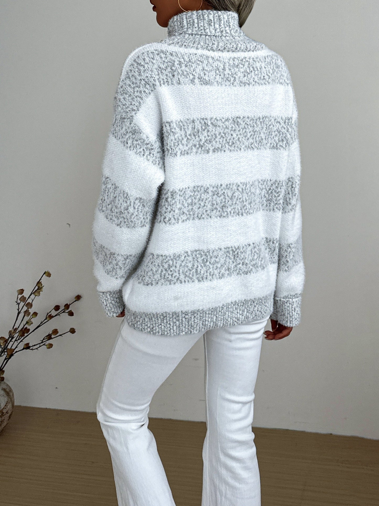 Women's Striped Turtleneck Sweater Long Sleeves
